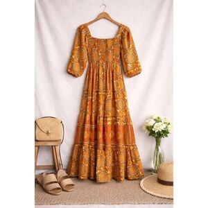 Me 2 Magic Boho Smocked Maxi Dress Orange Geometric Puff Sleeve Large Flowy